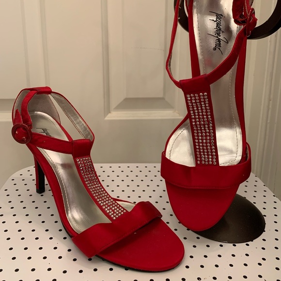 Jaqueline Ferrar Red Satin Heels w/ Rhinestone Embellishments Size 7.5 - Picture 1 of 5